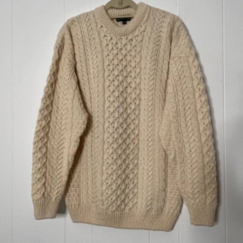 Orvis 100% Wool Cream Crewneck Cable Knit Sweater Men's Large Fisherman